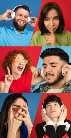 Portraits of different models on multicolored background. Flyer, collage made of models. Concept of human emotions, facial expression, sales, ad. Colorful.の写真素材