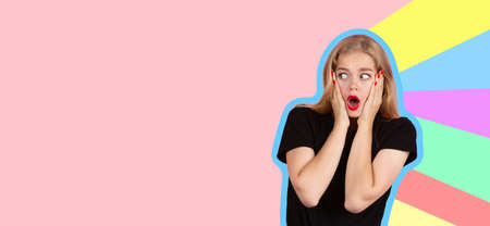Wow. Collage in magazine style with emotional surprised woman on bright background with copyspace.