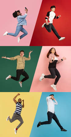 Portraits of group of people on colored background, collage.の写真素材