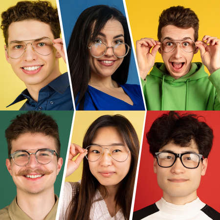 Collage of contemporary young men and women looking at cameraの写真素材