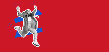 Jumping, running woman. Collage in magazine style with bright background. Flyer with trendy colors, copyspace for ad. Discount, sales season, fashion and style concept.の写真素材