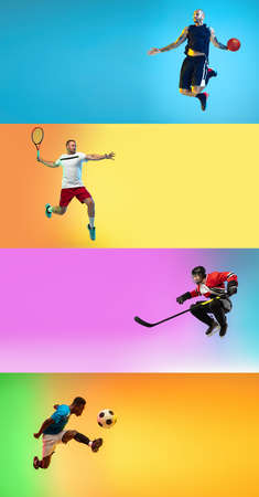 Collage of different professional sportsmen, fit people in action and motion isolated on color background. Flyer.の写真素材