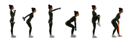 Sport collage of young fit woman in action and motion over white studio background in profile.