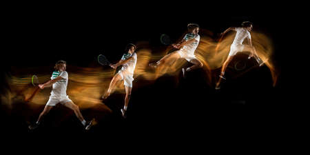 Man playing tennis on black background in mixed light. Collage made of different photos of 1 fit young male player in motion or action during sport game.の写真素材