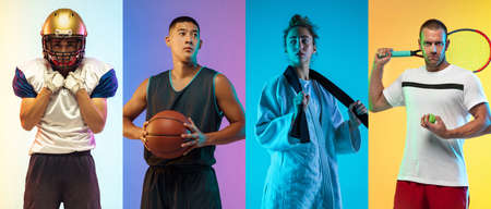 Collage of different professional sportsmen, fit people isolated on color background. Flyer.の写真素材