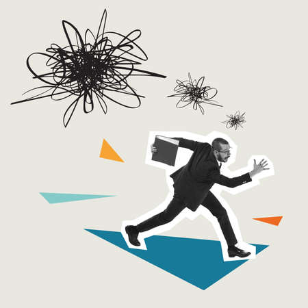 Im running away from problems. Young man - clerks in business clothes running on abstract...