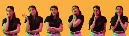 Portraits of female poses ovre yellow background in neon light, collage.