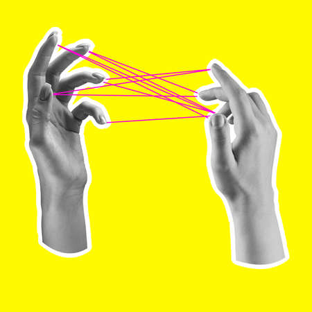 Contemporary art collage, modern design. Aesthetic of hands. Trendy bright colors. Copyspace for your ad or text.の写真素材