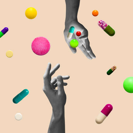 Pastel background. The abstract hand and falling tablets and pills. Artwork or creative collage with isolated elements.の写真素材