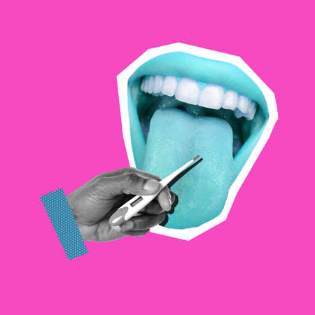 Abstract tongue measuring temperature with open mouth. Pink background. The male hand with thermometer.の写真素材