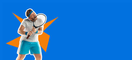 Angry. Highly tensioned game. Funny emotions of professional tennis player isolated on color studio background.の写真素材