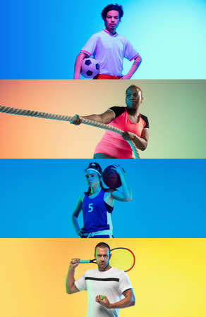 Collage of different professional sportsmen, fit people isolated on color background. Flyer.の写真素材