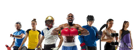 Sport collage. Tennis, boxing, voleyball, american football, fitness, hockey players posing isolated on white studio background.の写真素材