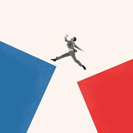 Young man, businessman, ballet dancer in business clothes, suit jumping isolated on abstract art background. White, blue and red colorsの写真素材