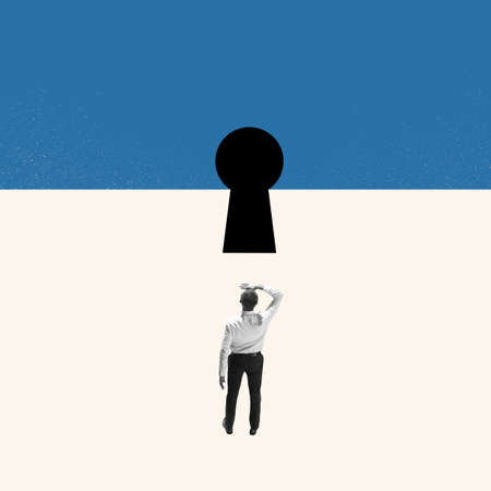 Make your choice. Business concept. Young manager, finance analyst or clerk in office suit isolated on white background. Collage, illustrationの写真素材