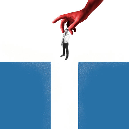 Young man, businessman, clerk in business clothes standing and thinking isolated on abstract art background. Blue and white colorsの写真素材