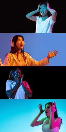 Portraits of young people on multicolored background in neon light, collage. Vertical flyer, collage made of 4 models.の写真素材