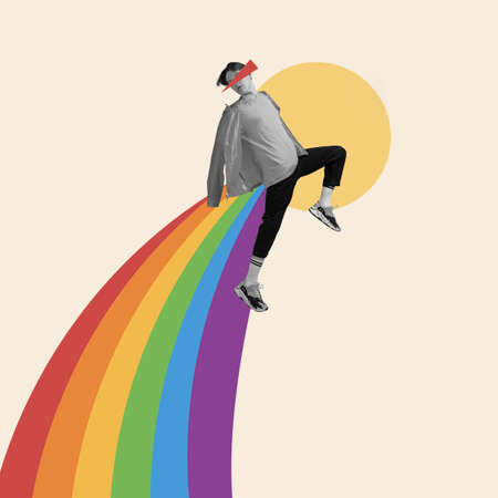 Modern design, contemporary art collage. Inspiration, idea, trendy urban magazine style. Young man dancing on rainbow isolated on light backgroundの写真素材