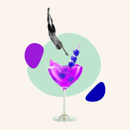 Contemporary art collage, modern design. Summer mood. Cocktail party. Concept of idea, inspiration, creativity and art.の写真素材