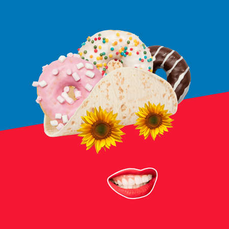 Modern design, contemporary art collage. Inspiration, idea, trendy urban magazine style. Composition with donuts and taco on red blue background.の写真素材