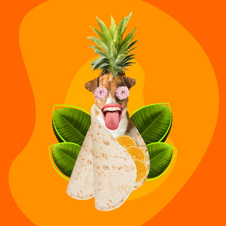 Modern design, contemporary art collage. Inspiration, idea, trendy urban magazine style. Composition with pineapple dog head and taco on orange background.の写真素材