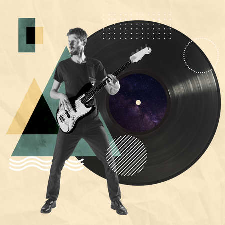 Contemporary art collage. Inspiration, idea, trendy urban magazine style. Young man playing guitar...