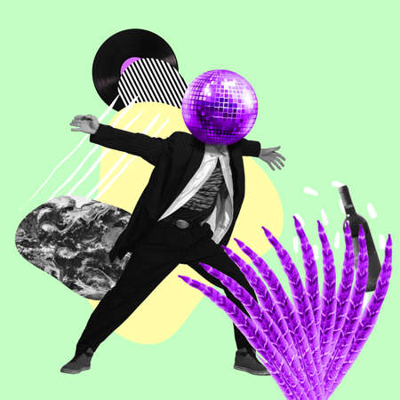Contemporary art collage. Inspiration, idea, trendy urban magazine style. Man headed of disco ball standing isolated over light background. Music, dance party conceptの写真素材