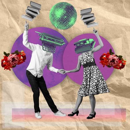 Contemporary art collage, modern design. Summer mood. Couple of dancers dancing isolated on multicolored abstract backgaroundの写真素材
