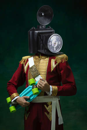 Pineapple. Model like medieval royalty person in vintage clothing. Concept of comparison of eras, artwork, renaissance, baroque style. Creative collage. Surrealismの写真素材