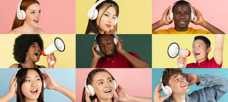 Portraits of different models on multicolored background. Flyer, collage made of models. Concept of...