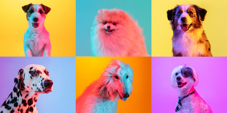 Art collage made of funny dogs different breeds on multicolored studio background in neon light.の写真素材