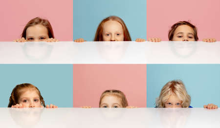 Two boys and four little girls looking at camera isolated over blue pink studio background. Collage.
