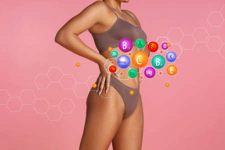 Collage about vitamins and sporty woman - body on blue background. Lifting, bodycare and healthy...