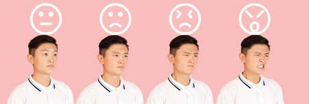 Asian mans portrait isolated over pink studio background with copyspace. Evolution of emotions.