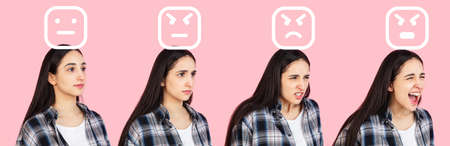Evolution of emotions. Caucasian young womans portrait on pink studio background. Concept of human emotions, facial expression, youth, sales, ad.の写真素材