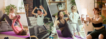 ABS workout with daughter on belly. Young woman exercising fitness, aerobic, yoga at home, sporty...