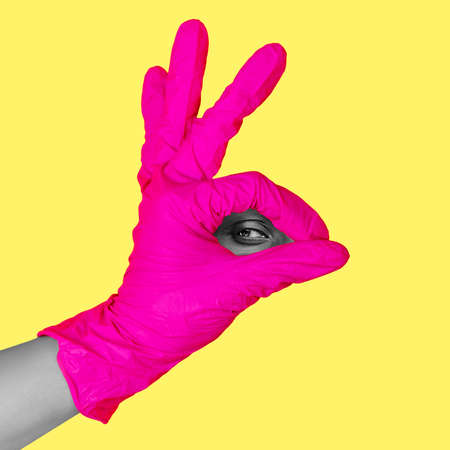 Contemporary art collage, modern design. Aesthetic of hands. Trendy neon colors. Copyspace for your ad or text.の写真素材