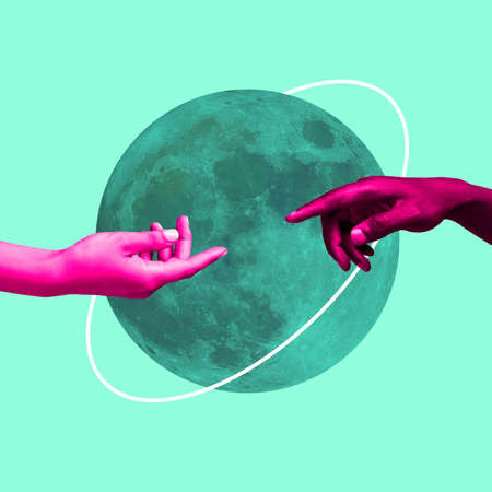 Contemporary art collage, modern design. Aesthetic of hands. Trendy pastel and neon colors. Copyspace for your ad or text.の写真素材