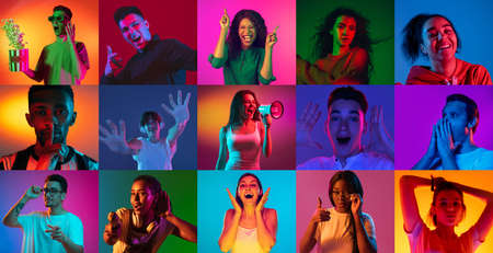 Collage of young happy, joyful people isoalted on multicolored background in neon light. Composite imageの写真素材