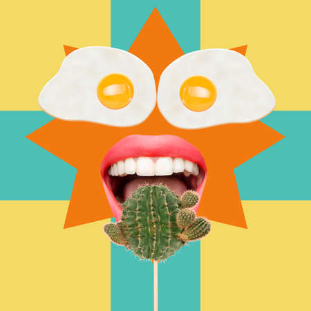 Contemporary art collage, modern design. Summer time mood. Composition with female opened mouth...