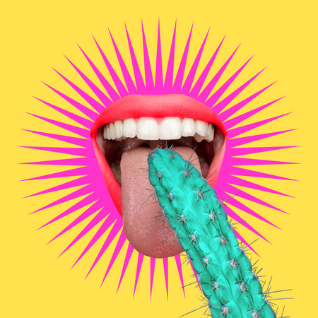 Contemporary art collage, modern design. Summer time mood. Composition with female opened mouth isolated over bright absract background.の写真素材