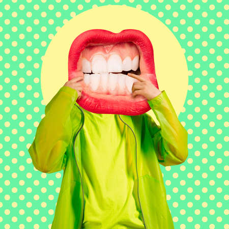 Contemporary art collage, modern design. Younf man in stylish youth clothes headed of female mouth, lips isolated on bright abstract background. Fashion conceptの写真素材