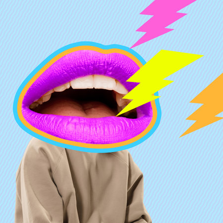 Contemporary art collage, modern design. Younf man in stylish youth clothes headed of female mouth, lips isolated on bright abstract background. Fashion conceptの写真素材