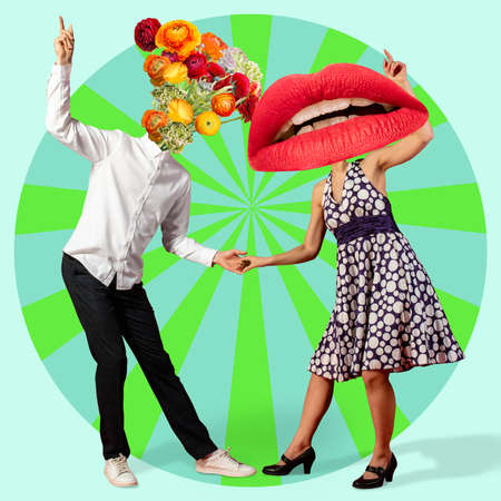 Contemporary art collage, modern design. Summer mood. Couple of dancers headed with flowers and...