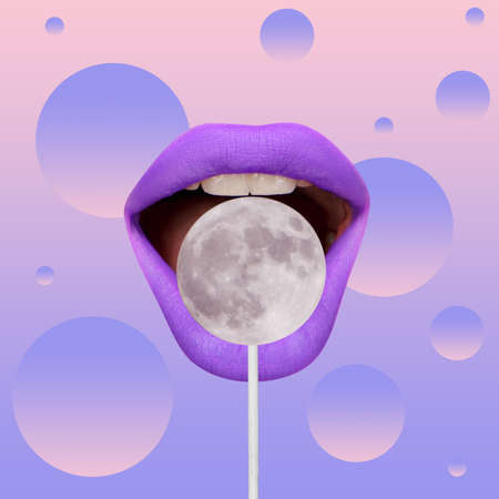 Contemporary art collage, modern design. Summer time mood. Composition with female opened mouth with lollipop isolated over absract background.の写真素材