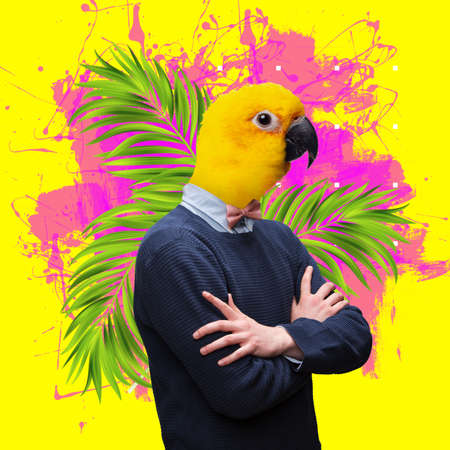 Contemporary artwork, conceptual collage. Man headed by parrot head standing isolated on bright...