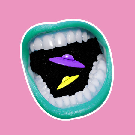 Contemporary art collage, modern design. Mystery. Composition with female opened screaming mouth isolated over bright absract background.の写真素材