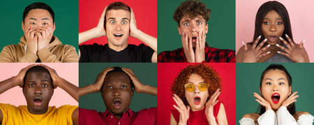 Collage of surprised people on isolated over colored background. Facial expressions concept....
