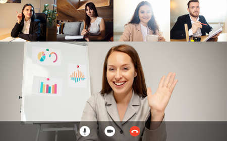 Greetings colleagues, business partners. Team working by group video call share ideas brainstorming use video conference.の写真素材