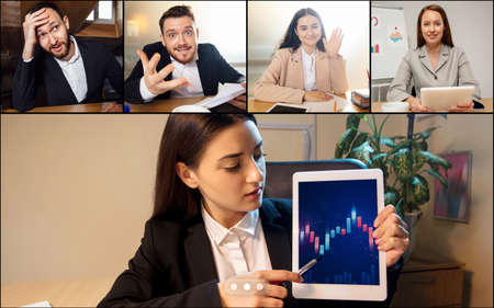 Discussion future project. Team working by group video call share ideas brainstorming use video...